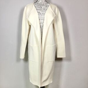 Elegant creamy white long coat 2 front pockets sz L fall winter cozy layering